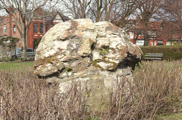 Erratic rock in Coronation Park, Crosby, Merseyside, UK; image courtesy of 'Rodhullandemu' and Wikimedia Commons