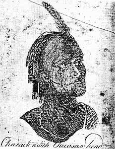 sketch of Chickasaw person, 1775, by the Dutchman Bernard Romans; public domain image via Wikimedia Commons