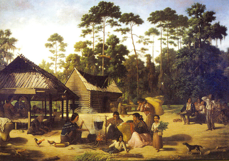 Choctaw settlement formerly about 1.5 miles east of Madisonville, St. Tammany Parish, Louisiana; painting 1869 by François Bernard; public domain via Wikimedia Commons