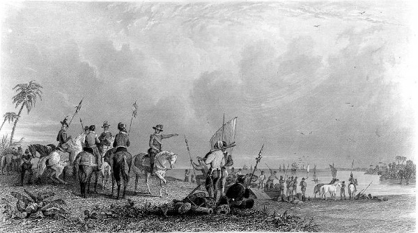 De Soto Expedition landing at Tampa Bay, Florida, 1539; 1853 drawing by Cpt. Seth Eastman, engraved by James Simillie, made available by Wikipedia Commons