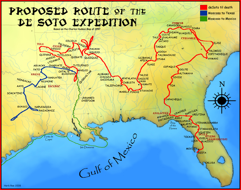 Approximate, proposed route of the de Soto Expedition; based on 1997 map by Charles Hudson, used courtesy of the artist Herb Roe and Wikipedia Commons