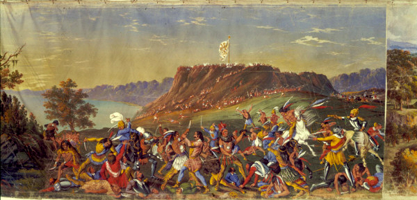 Natchez Revolt of 1729, tempera on lightweight fabric, by the Irish artist John J. Egan (1810-1882); image courtesy of Saint Louis Art Museum official site, and Wikimedia Commons