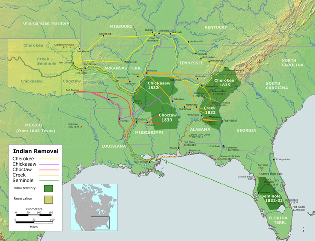 Trails of Tears depicting relocation routes taken Native Americans of the Southeastern United States between 1836 and 1839; image courtessy of 'Nikater' and 'Demis' via Wikimedia Commons