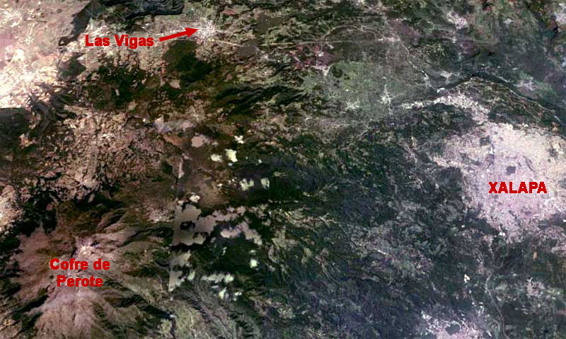 satellite photo showing region of Cofre de Perote, Las Vigas and Xalapa, Veracruz, Mexico